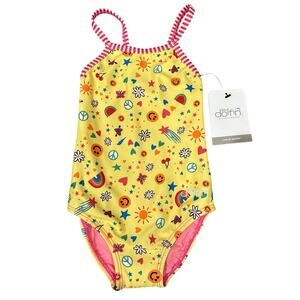 NWT Girls’ Little Dolfin Yellow Smile Face Doodle One Piece Swimsuit Size 4